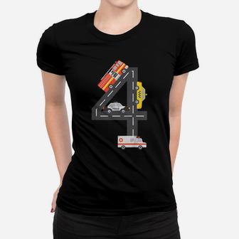 Kids 4Th Birthday Party Fire Truck Police Car Race Track Women T-shirt | Crazezy