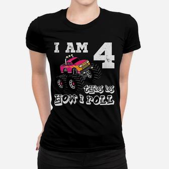 Kids Kids 4 Years Old 4Th Birthday Monster Truck Car Shirt Girl Women T-shirt | Crazezy
