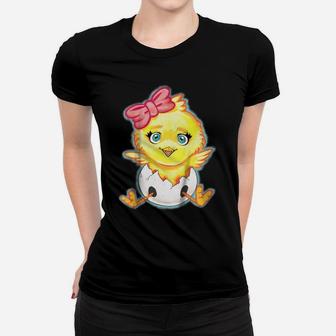 Kids Yellow Baby Chick With Pink Bow Girls Women T-shirt | Crazezy
