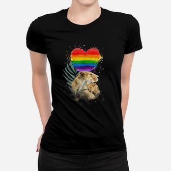LGBTQ Pride Mommy Lion With Baby Rainbow Heart Love Women T-shirt | Crazezy