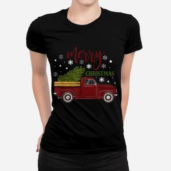 Little Red Vintage Christmas Truck Tree Farm Retro Women T-shirt | Crazezy AU
