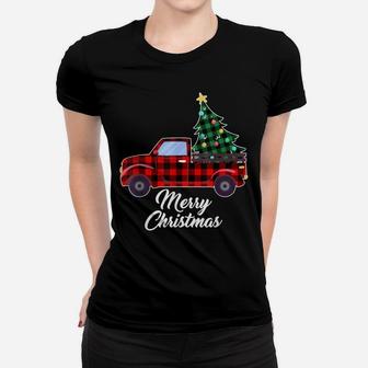 Merry Christmas Tree Buffalo Plaid Red Truck Women T-shirt | Crazezy CA