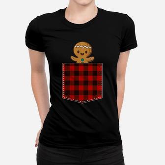 Red Plaid Gingerbread Cookie In Pocket Buffalo Christmas Women T-shirt | Crazezy
