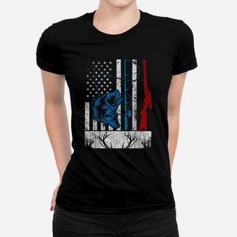 Retro Fishing And Hunting American Flag Deer Fish Lover Gift Women T-shirt | Crazezy