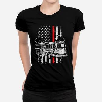 USA Flag Fire Truck Firefighter Thin Red Line Fireman Gift Women T-shirt | Crazezy