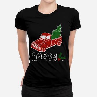 Vintage Red Truck With Christmas Tree Shirt Long Sleeve Women T-shirt | Crazezy