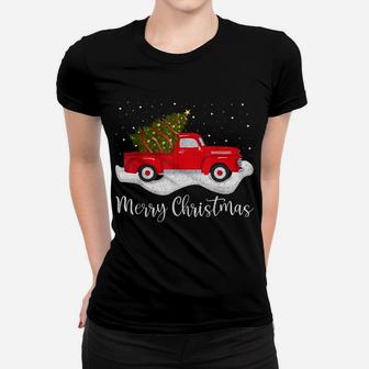 Vintage Wagon Christmas Shirt Tree On Car Xmas Red Truck Women T-shirt | Crazezy UK