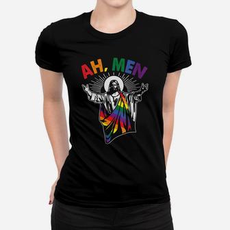 Womens Ah Men Funny Lgbt Gay Pride Jesus Rainbow Flag Christian Women T-shirt | Crazezy