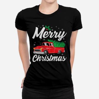 Womens Merry Christmas Tree Red Truck Funny Family Holiday Gift Women T-shirt | Crazezy