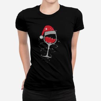 Womens Wine Glasses Santa Hat Christmas Funny Wine Lover Gifts Xmas Women T-shirt | Crazezy