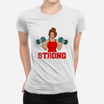 A Strong And Pretty Gymnastic Girl With Dumbbell Ladies Tee | Crazezy