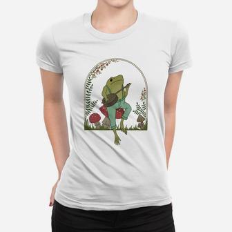 Cottagecore Aesthetic Frog Playing Banjo On Mushroom Cute Women T-shirt | Crazezy