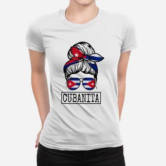 Cubanita Messy Hair Woman Bun Free Cuba Flag For Girls Women T-shirt | Crazezy UK