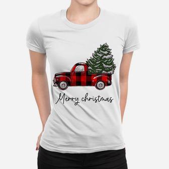 Funny Buffalo Plaid Red Truck Christmas Tree Shirt Women T-shirt | Crazezy