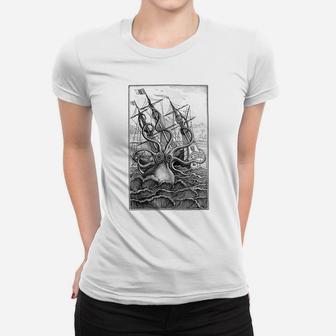 Giant Octopus Pirate Ship Vintage Kraken Sailing Squid Women T-shirt | Crazezy