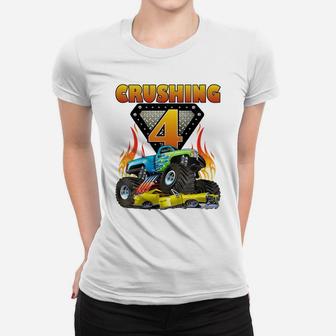Kids Monster Truck 4 Year Old Shirt 4Th Birthday Boy Monster Car Women T-shirt | Crazezy