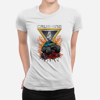 Kids Monster Trucks Crushing 4 Boys 4Th Birthday Four Year Old Women T-shirt | Crazezy DE