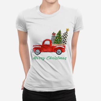 Merry Christmas Leopard Plaid Christmas Tree Shirt Red Truck Women T-shirt | Crazezy CA