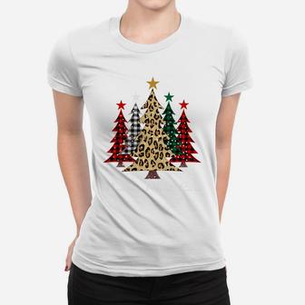 Merry Christmas Trees With Buffalo Plaid & Leopard Design Sweatshirt Women T-shirt | Crazezy AU