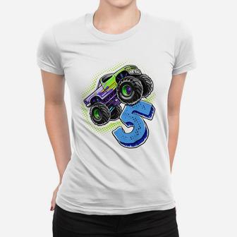 Monster Truck 5Th Birthday Retro Vintage Birthday Boy Gift Women T-shirt | Crazezy