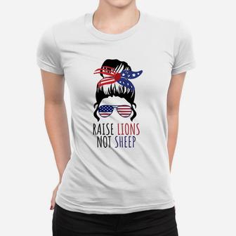 Raise Lions & Not Sheep American Flag Sunglasses Messy Bun Sweatshirt Women T-shirt | Crazezy