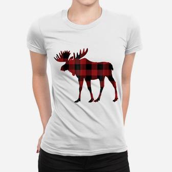 Red & Black Buffalo Plaid Flannel Christmas Moose Tshirt Women T-shirt | Crazezy