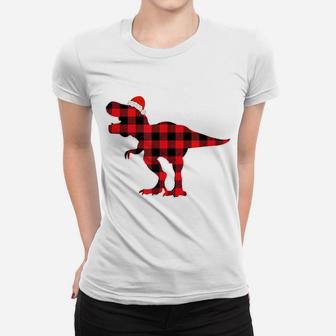 Red Plaid T Rex Santa Hat Christmas Dinosaur Pajamas Adults Women T-shirt | Crazezy