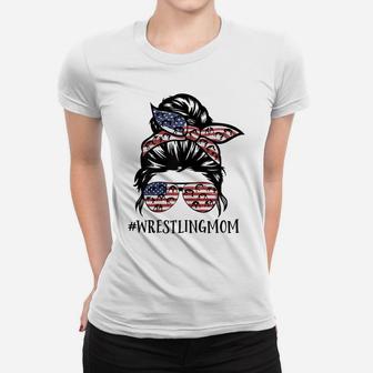 Womens Th America Flag Messy Bun Wrestling Mom Life Women T-shirt | Crazezy