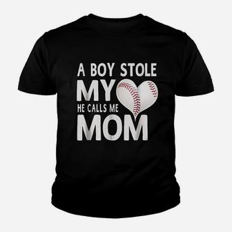 A Boy Stole My Heart He Calls Me Mom Baseball Gift Youth T-shirt | Crazezy