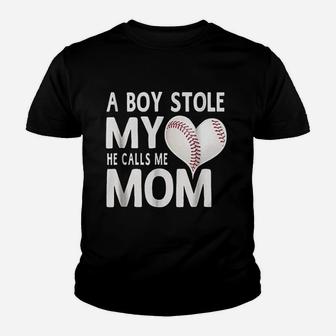 A Boy Stole My Heart He Calls Me Mom Baseball Gift Youth T-shirt | Crazezy