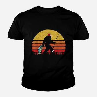 Bass Fishing Bigfoot In Trucker Hat Funny Vintage Sun Youth T-shirt | Crazezy DE