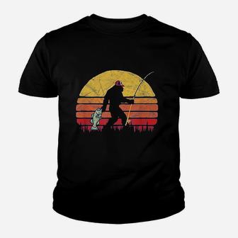 Bass Fishing Funny Bigfoot In Trucker Hat Retro Graphic Youth T-shirt | Crazezy