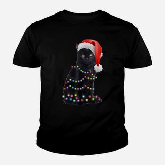 Black Cat Christmas Light Funny Cat Lover Christmas Pajama Youth T-shirt | Crazezy
