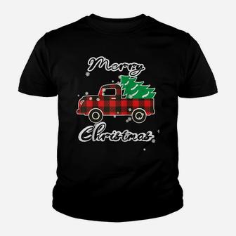 Buffalo Plaid Christmas Tree Cute Red Truck Xmas Gift Raglan Baseball Tee Youth T-shirt | Crazezy DE