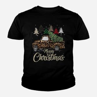 Buffalo Plaid Christmas Tree Red Truck With Leopard Print Youth T-shirt | Crazezy