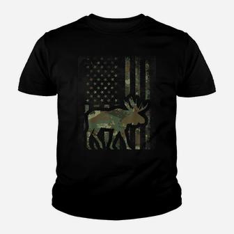 Camo American Flag Moose Hunting Gift For Hunter Moose Lover Youth T-shirt | Crazezy