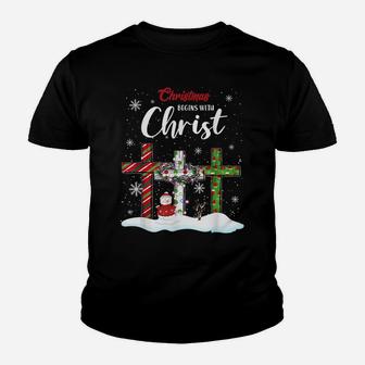 Christmas Begins With Christ Snowman Christian Cross Xmas Youth T-shirt | Crazezy