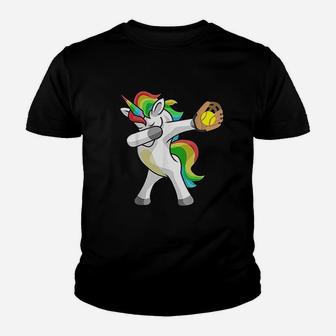 Dabbing Unicorn Softball Player Funny Dab Dance Rainbow Gift Youth T-shirt | Crazezy