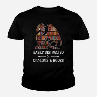 Easily Distracted By Dragon And Books Nerds Youth T-shirt | Crazezy