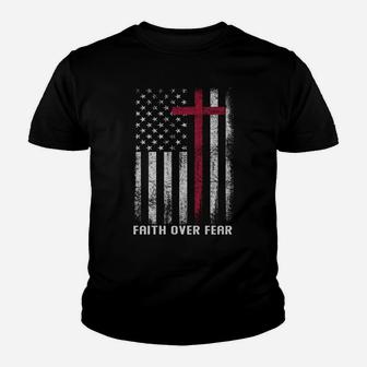 Faith Over Fear Cool Christian Cross American Flag Prayer Sweatshirt Youth T-shirt | Crazezy