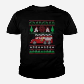 Firefighter Ugly Christmas Firemen Fire Truck Holiday Xmas Raglan Baseball Tee Youth T-shirt | Crazezy DE