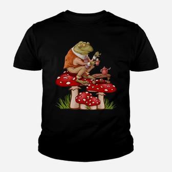 Frog Drinking Tea Mushroom Aesthetic Cottagecore Youth T-shirt | Crazezy