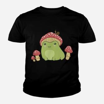 Frog With Mushroom Hat & Snail - Cottagecore Aesthetic Youth T-shirt | Crazezy