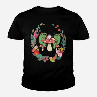Frogs Drinking Tea Mushroom Cute Cottagecore Aesthetic Frog Youth T-shirt | Crazezy