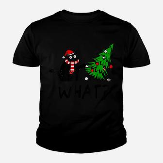 Funny Black Cat Gift Pushing Christmas Tree Over Cat What Youth T-shirt | Crazezy