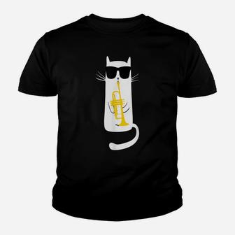 Funny Cat Wearing Sunglasses Playing Trumpet Youth T-shirt | Crazezy