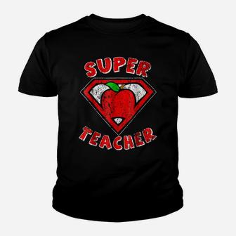 Funny Cute Distressed Super Teacher Superhero Apple Shirt Youth T-shirt | Crazezy