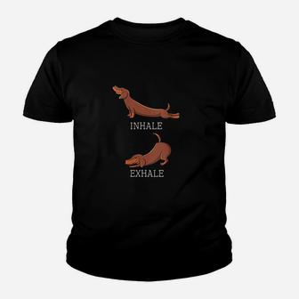 Funny Dachshund Weiner Dog Yoga Inhale Exhale Youth T-shirt | Crazezy