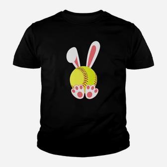 Funny Softball Bunny Girls Easter Bunny Ears Youth T-shirt | Crazezy