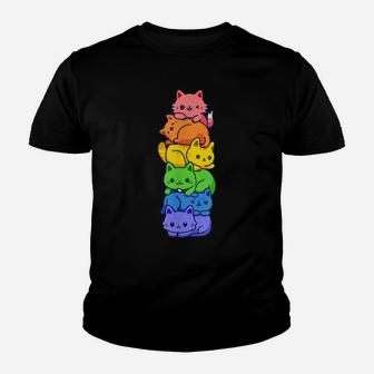 Gay Pride Cat Lgbt Kawaii Cats Pile Cute Anime Rainbow Flag Youth T-shirt | Crazezy DE
